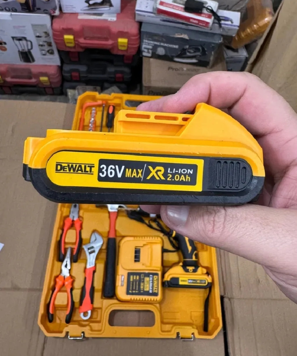 Imported DEWALT 117 Pieces Rechargeable Drill Machine Set with Two 36V Batteries and Fast Charger High-Power Electric Hand Drill Household Impact Drill Professional Screwdriver Kit Pure 100% Copper Motor Comfortable Grip GERMAN TECHNOLOGY
