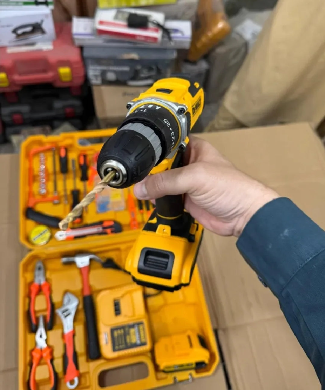 Imported DEWALT 117 Pieces Rechargeable Drill Machine Set with Two 36V Batteries and Fast Charger High-Power Electric Hand Drill Household Impact Drill Professional Screwdriver Kit Pure 100% Copper Motor Comfortable Grip GERMAN TECHNOLOGY