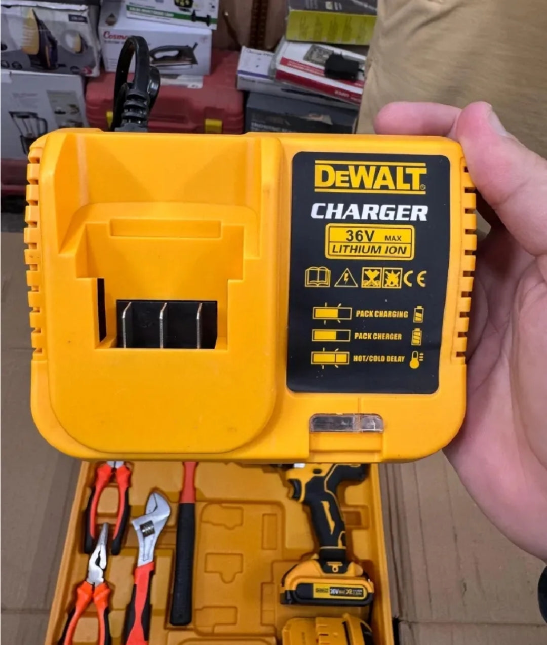 Imported DEWALT 117 Pieces Rechargeable Drill Machine Set with Two 36V Batteries and Fast Charger High-Power Electric Hand Drill Household Impact Drill Professional Screwdriver Kit Pure 100% Copper Motor Comfortable Grip GERMAN TECHNOLOGY