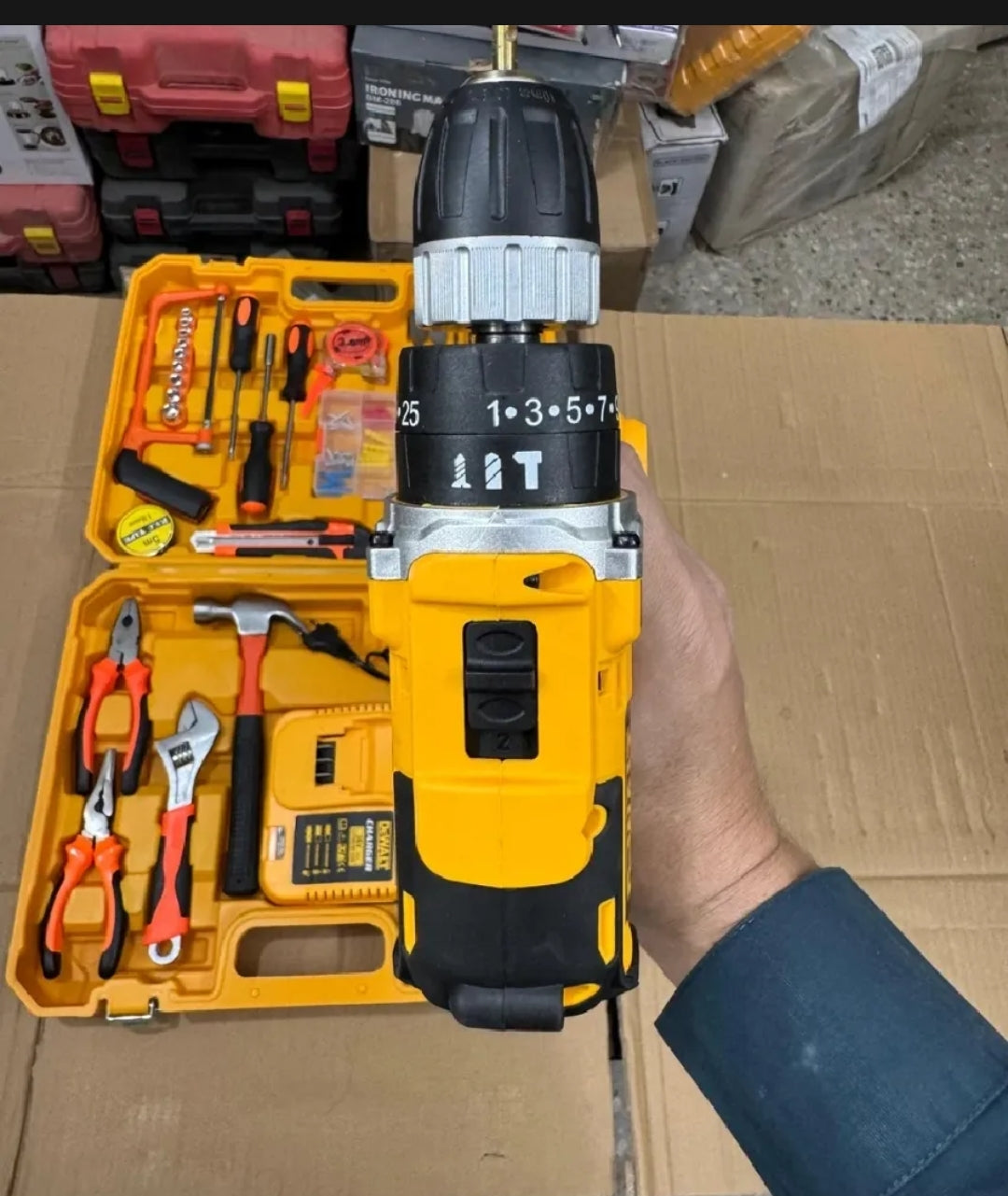 Imported DEWALT 117 Pieces Rechargeable Drill Machine Set with Two 36V Batteries and Fast Charger High-Power Electric Hand Drill Household Impact Drill Professional Screwdriver Kit Pure 100% Copper Motor Comfortable Grip GERMAN TECHNOLOGY
