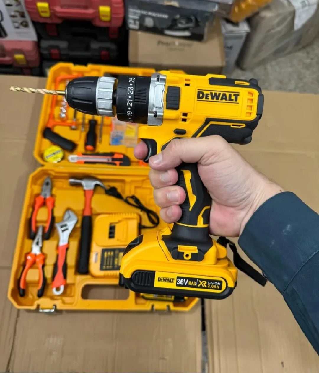 Imported DEWALT 117 Pieces Rechargeable Drill Machine Set with Two 36V Batteries and Fast Charger High-Power Electric Hand Drill Household Impact Drill Professional Screwdriver Kit Pure 100% Copper Motor Comfortable Grip GERMAN TECHNOLOGY