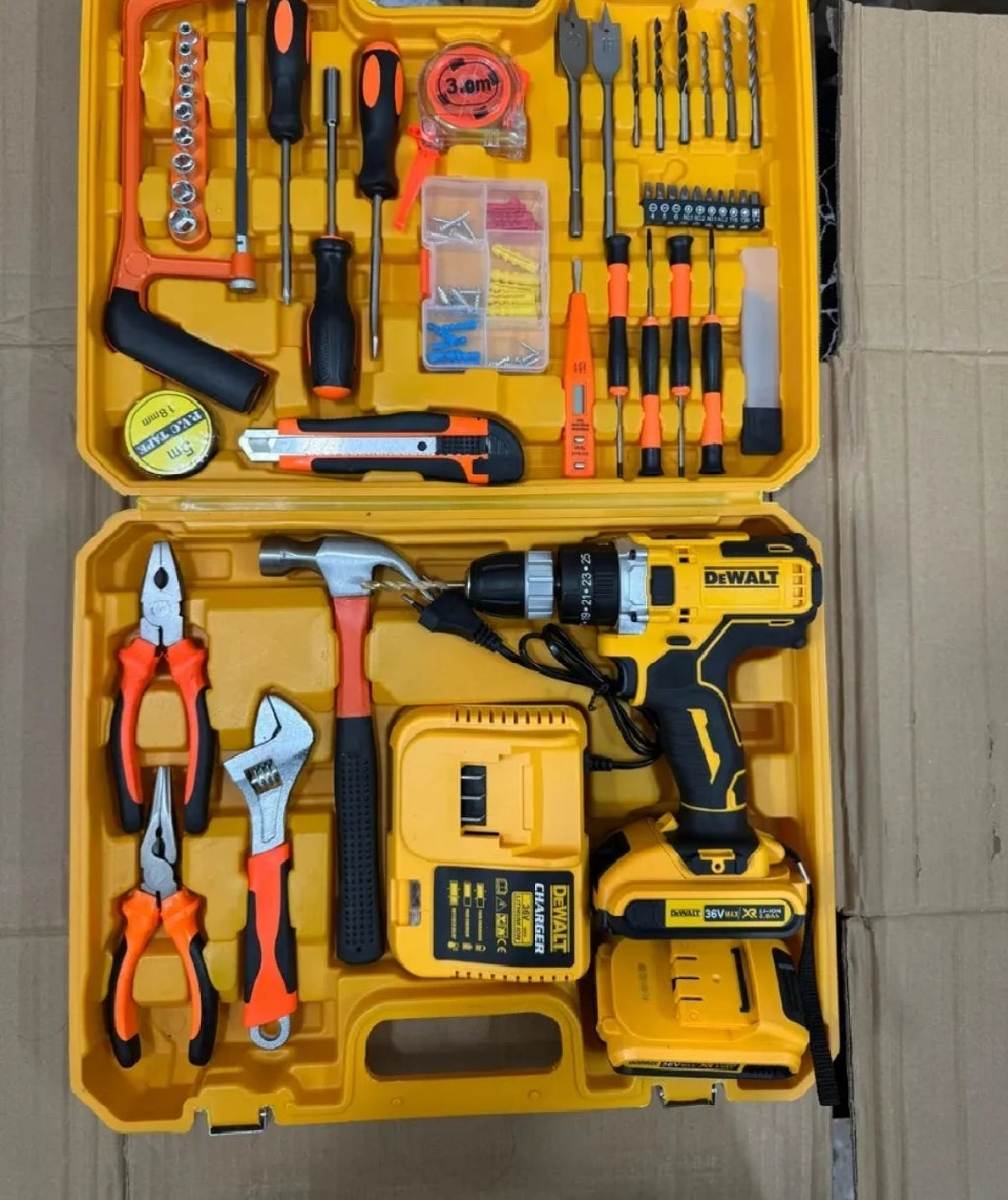 Imported DEWALT 117 Pieces Rechargeable Drill Machine Set with Two 36V Batteries and Fast Charger High-Power Electric Hand Drill Household Impact Drill Professional Screwdriver Kit Pure 100% Copper Motor Comfortable Grip GERMAN TECHNOLOGY